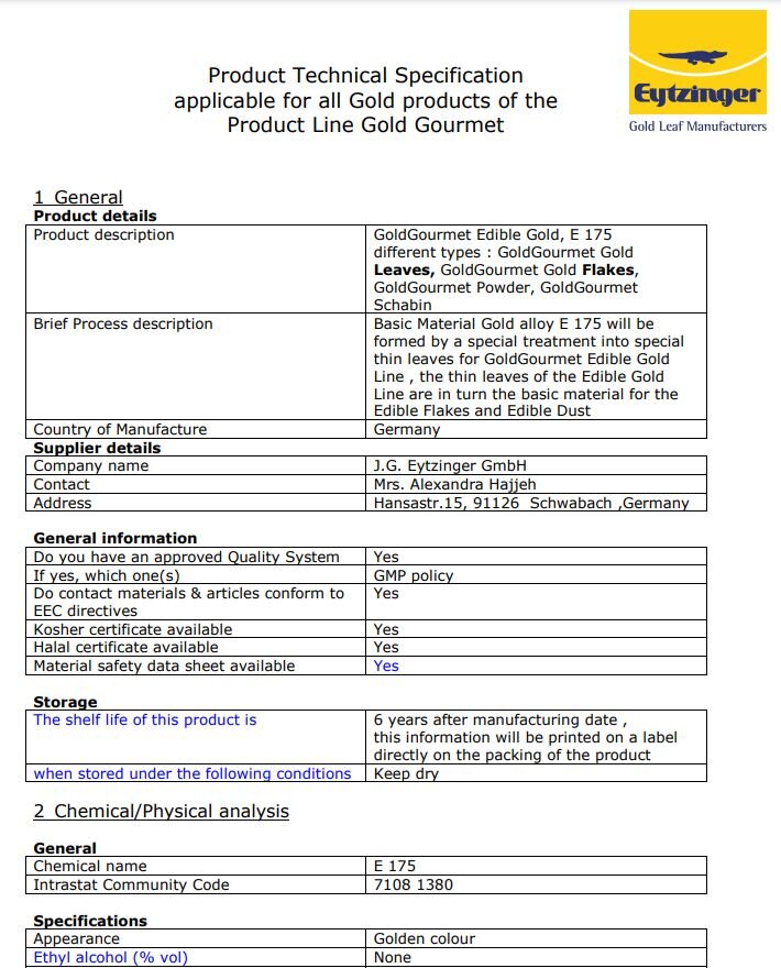 Products Specification Gold